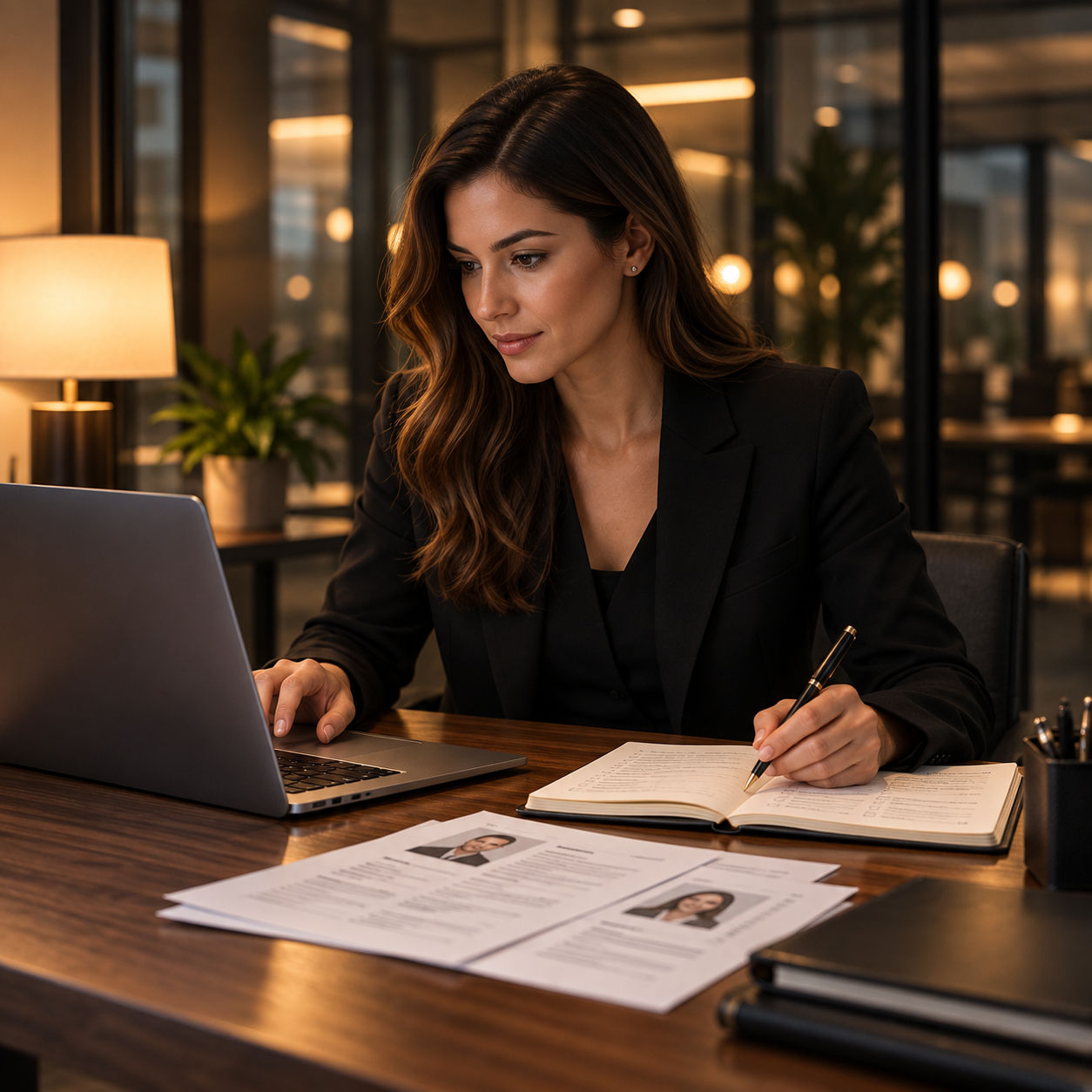 Recruteuse comparant des CV et les critères du poste sur son ordinateur